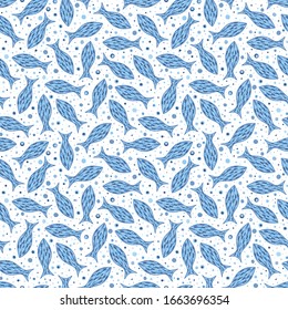 Sea seamless pattern with hand drawn fish on white background.