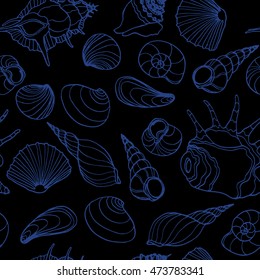 Sea seamless pattern with hand drawn vector seashells on black background