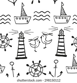 Sea seamless pattern. Hand-drawn  black and white doodles