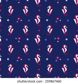 Sea seamless pattern with sea horses and starfishes on dark blue background. Vector