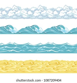 白い背景に海のシームレスなパターン 海 水 簡単な平らなスタイルで 砂 波 雲のベクター画像の背景 海洋イラスト 境界のセット のベクター画像素材 ロイヤリティフリー