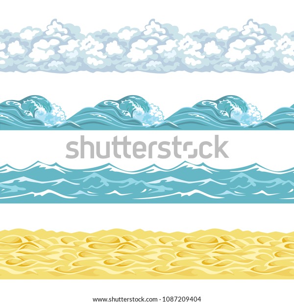 白い背景に海のシームレスなパターン 海 水 簡単な平らなスタイルで 砂 波 雲のベクター画像の背景 海洋イラスト 境界のセット のベクター画像素材 ロイヤリティフリー