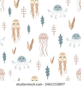 Sea seamless pattern with jellyfish and seaweed in flat style. Ocean digital paper. Nautical scrapbooking, background, print. Hand drawn vector pattern