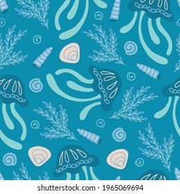 Sea seamless pattern with jellyfish, shell, seaweed on blue background. Perfect for wallpaper, wrapping paper, summer greeting cards. Scandinavian style. Hand drawn vector illustration