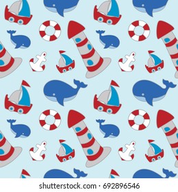 Sea seamless pattern for kids. Background with light house, boat, whale, anchor and life saver. Vector illustration.