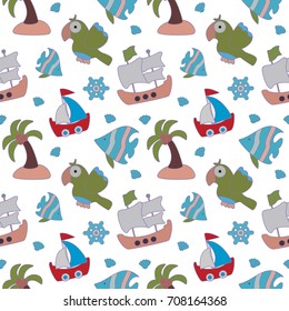 Sea seamless pattern for kids. Beautiful pirate background with ship, parrot, seashell, palm tree and ships wheel. Vector illustration on white background.