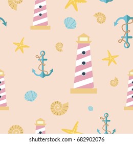 Sea seamless pattern with lighthouse, shells and anchor. Vector illustration