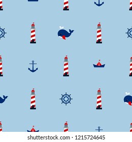 Sea seamless pattern with lighthouses, paper ships, whales and anchors.Holiday vector summer background.Textile texture