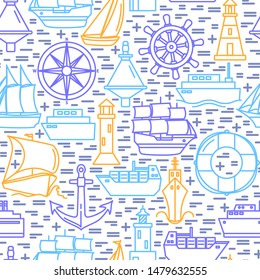 Sea seamless pattern in line style with ships and nautical symbols. Marine travel repeating background. Vector illustration.