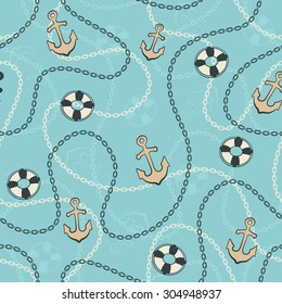 Sea seamless pattern. Marine anchors and chains background.