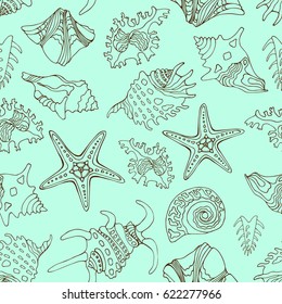 Sea seamless pattern. Marine background. Seashells silhouettes on blue.