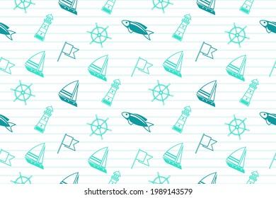Sea seamless pattern. Marine, fish, anchor, boat, flag,  lighthouse. Blue stripped background. Texture for wall art, brochures, book covers, posters, website, banner.