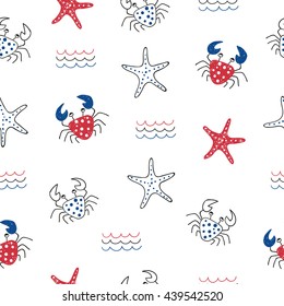 Sea seamless pattern. Marine life. Vector marine background with cute doodle crabs, starfishes and waves. 