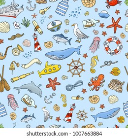 sea seamless pattern. marine and 	
nautical life. Outline Summer time web icons set. engraved hand drawn in old sketch. dolphin and captain, anchor and ocean. doodle style