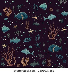 Sea seamless pattern with marine nautical sealife. Underwater world - fishes, seaweeds, starsfish, corals. Cartoon vector aquarium, ocean repeated background design