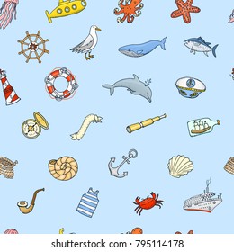 sea seamless pattern. marine and 	
nautical life. Outline Summer time web icons set. engraved hand drawn in old sketch. dolphin and captain, anchor and ocean. doodle style