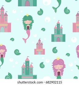Sea seamless pattern with mermaid, shells. Vector illustration