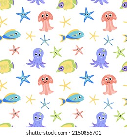 Sea Seamless Pattern With Multicolored Fish, Finger Fish, Octopus, Jellyfish. Cartoon, Flat. Isolated Vector Illustration Eps