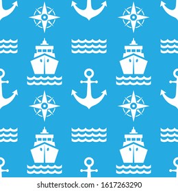 Sea seamless pattern. Nautical blue background. Marine backdrop. Ship, anchor, compass on seamless background. Summer travel cruise vacation. Vector illustration.