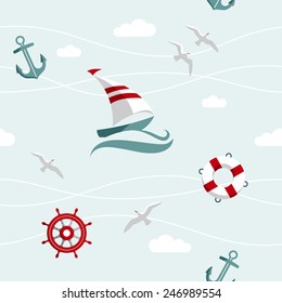 Sea seamless pattern with nautical elements in flat style