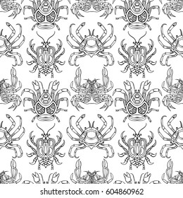 Sea seamless pattern. Ocean crabs colorful background. Marine life. Black and beetles.