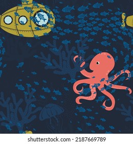 sea seamless pattern with  octopus and Submarine