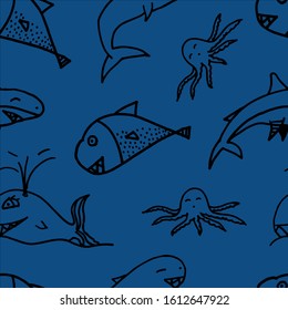The sea seamless pattern on blue background.
