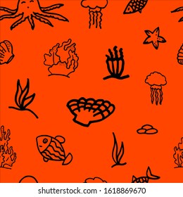 The sea seamless pattern on red background.