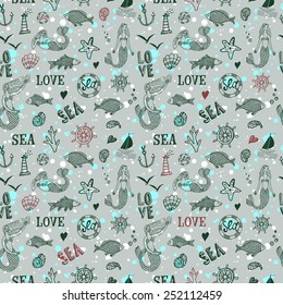 Sea seamless pattern on splash background with fish; mermaid; lighthouse; wheel; ship; coral; shell; anchor; bubbles