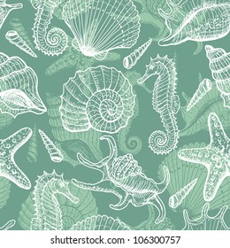 Sea seamless pattern. Original hand drawn illustration in vintage style