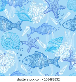 Sea seamless pattern. Original hand drawn illustration in vintage style