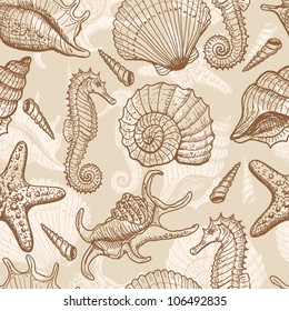 Sea seamless pattern. Original hand drawn illustration in vintage style