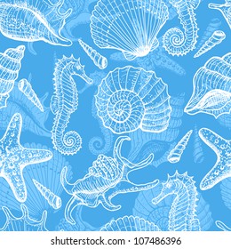 Sea seamless pattern. Original hand drawn illustration in vintage style