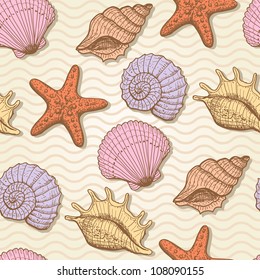 Sea seamless pattern. Original hand drawn illustration in vintage style