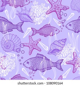 Sea seamless pattern. Original hand drawn illustration in vintage style