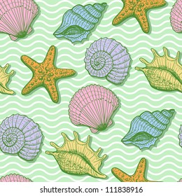 Sea seamless pattern. Original hand drawn illustration in vintage style