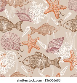 Sea seamless pattern. Original hand drawn illustration in vintage style