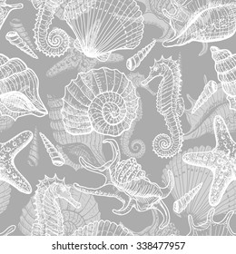 Sea seamless pattern. Original hand drawn illustration in vintage style