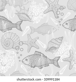 Sea seamless pattern. Original hand drawn illustration in vintage style