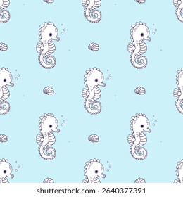 Sea Seamless Pattern. Outline Cute Seahorse on light blue Background. Vector Illustration. Line drawing. Kids collection
