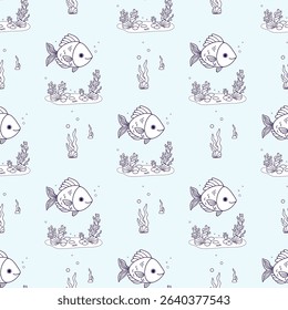 Sea Seamless Pattern. Outline Cute Cartoon Fish Swimming with algae and seabed on light blue Background. Vector Illustration. Line drawing. Kids collection