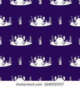 Sea Seamless Pattern. Outline Cute Crab with algae, seabed on dark Blue Background. Vector Illustration. Line drawing. Kids collection