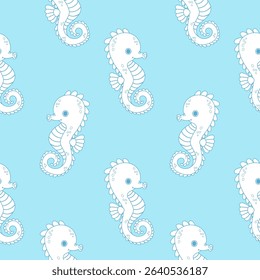 Sea Seamless Pattern. Outline Cute Seahorse sea animal on blue Background. Vector Illustration. Line drawing. Kids collection