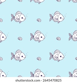 Sea Seamless Pattern. Outline Cute Cartoon Fish on light blue Background. Vector Illustration. Line drawing. Kids collection