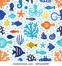 Sea seamless pattern of paper cutout marine style design elements. Endless funny cartoon background for kids cloth textile print, wallpaper, wrapping. EPS 10 vector illustration