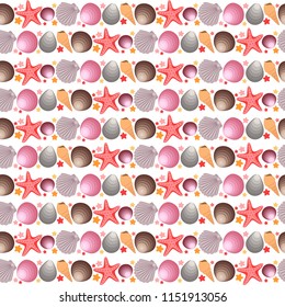 Sea seamless pattern repeat random elements conch, scallop, starfish, shell, clam, on white background, marine print for textile fabric, paper, surface, clothing, card, wallpaper, cover, web backdrop.