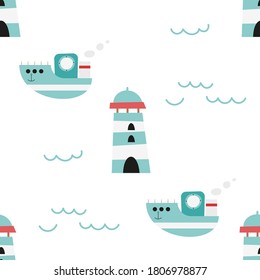 Sea seamless pattern for children’s room design and kids goods. Scandinavian style. Seascape – waves, ships, lighthouse on white background. Vector illustration. Pattern is cut, no clipping mask.