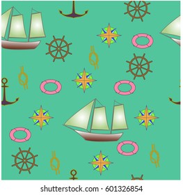 Sea seamless pattern with a sailboat, an anchor, a steering wheel.