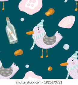 Sea seamless pattern with seagull, wave, jellyfish, shell, amber, bottle. Vector sea illustration. Kids vector background. For banners, posters, menu, cards, wrapping paper.