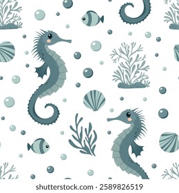 Sea seamless pattern with seahorse, fish, seaweed, seashell flat style. Ocean digital paper. Nautical underwater scrapbooking, background, print. Hand drawn vector